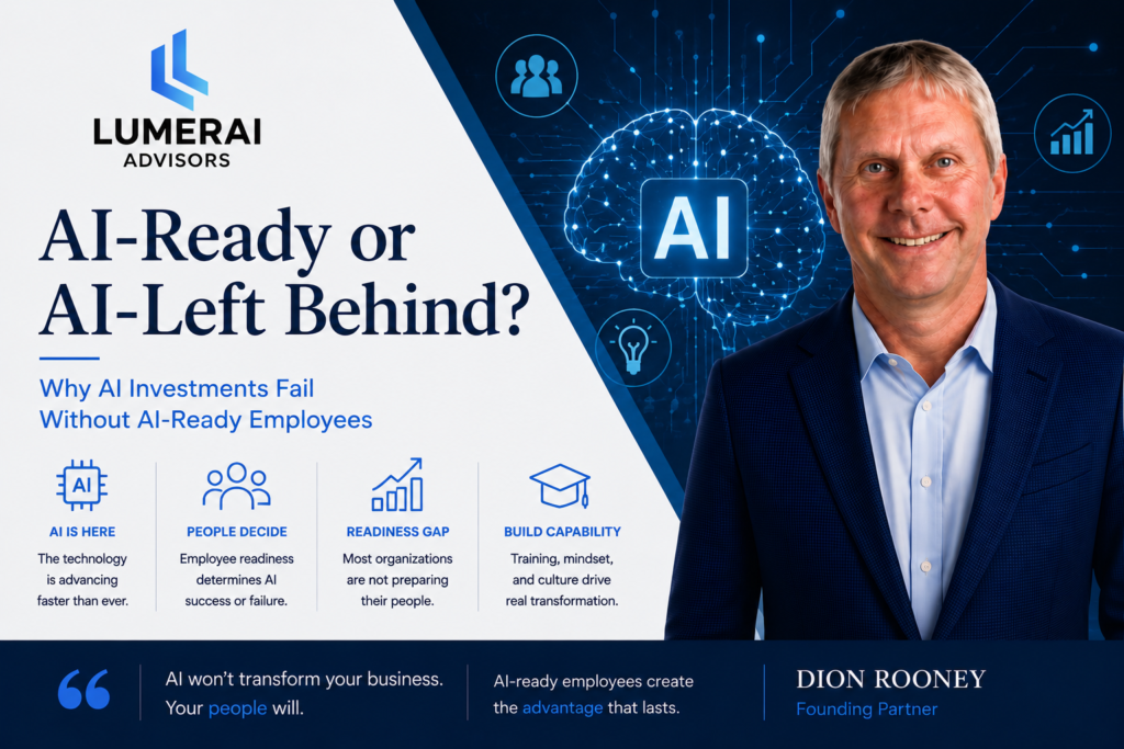The question isn't whether your organization will be transformed by AI. That ship has sailed. 7 AI workforce readiness illustration showing employees collaborating with artificial intelligence to improve business decision making and digital transformation.