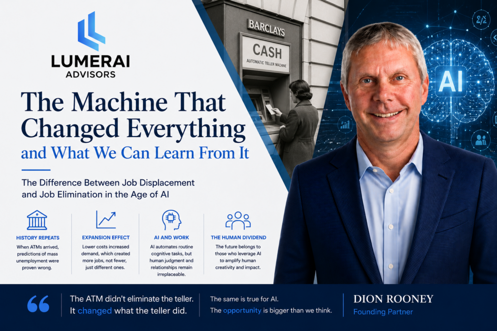 Illustration of an automated teller machine symbolizing how automation and artificial intelligence reshape jobs by shifting human work toward judgment, relationships, and higher value tasks