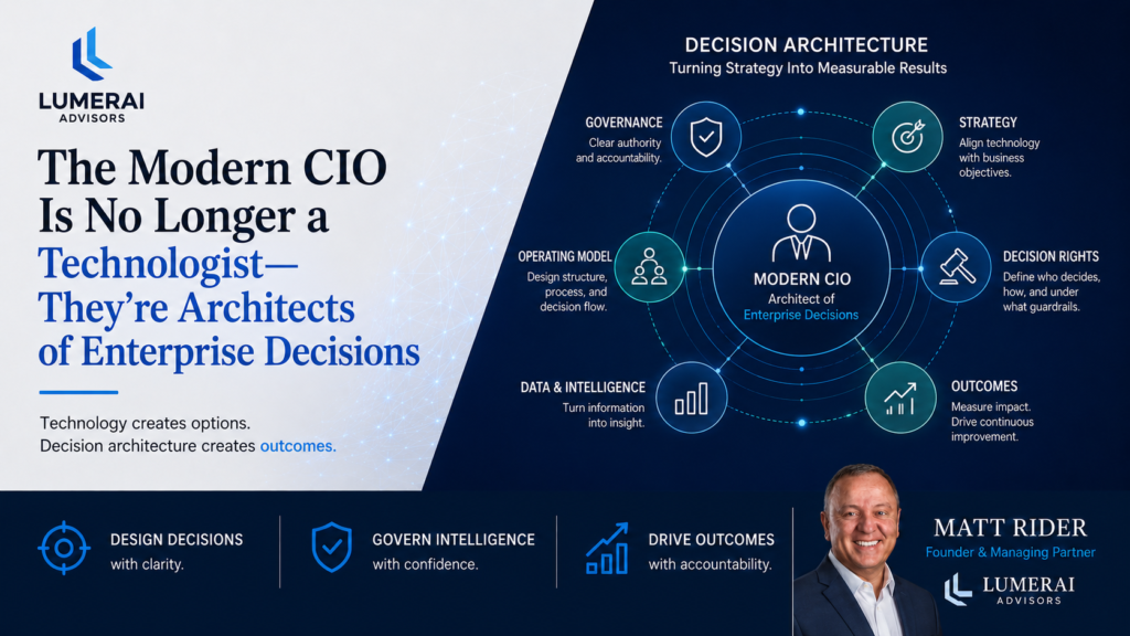 The modern CIO is no longer a technologist - they’re an architect of enterprise decisions. 8 Executive leader designing enterprise decision architecture and technology strategy