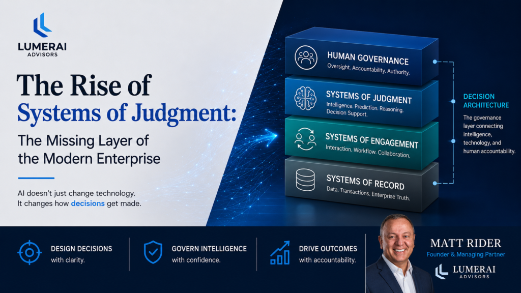 The Rise of Systems of Judgment: Why AI Requires a New Enterprise Architecture 9 The Enterprise Decision Stack illustrating Systems of Record, Systems of Engagement, Systems of Judgment, and Human Governance as the foundation of Enterprise Decision Architecture.