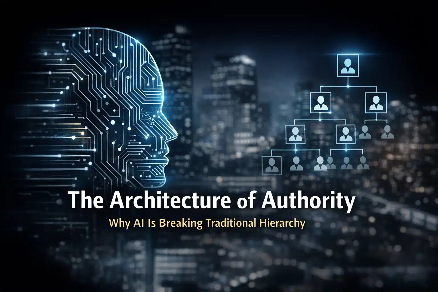 Digital AI profile and organizational hierarchy diagram illustrating how artificial intelligence is changing authority, decision-making, and leadership structures within modern enterprises.