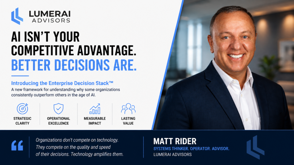 Executive thought leadership cover image for "AI Isn't Your Competitive Advantage. Better Decisions Are." by Matt Rider introducing the Enterprise Decision Stack™, a framework showing how business strategy, operating models, governance, trusted data, enterprise applications, automation, AI, and agentic execution create sustainable competitive advantage.